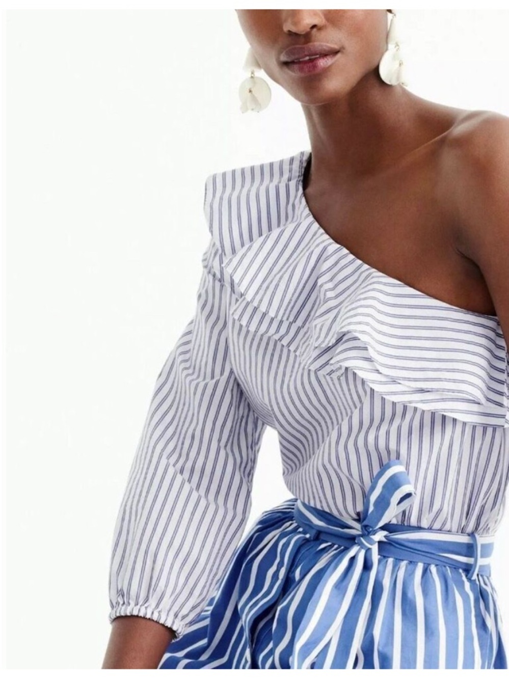 J. Crew Blue and White Striped One-Shoulder Ruffle Blouse